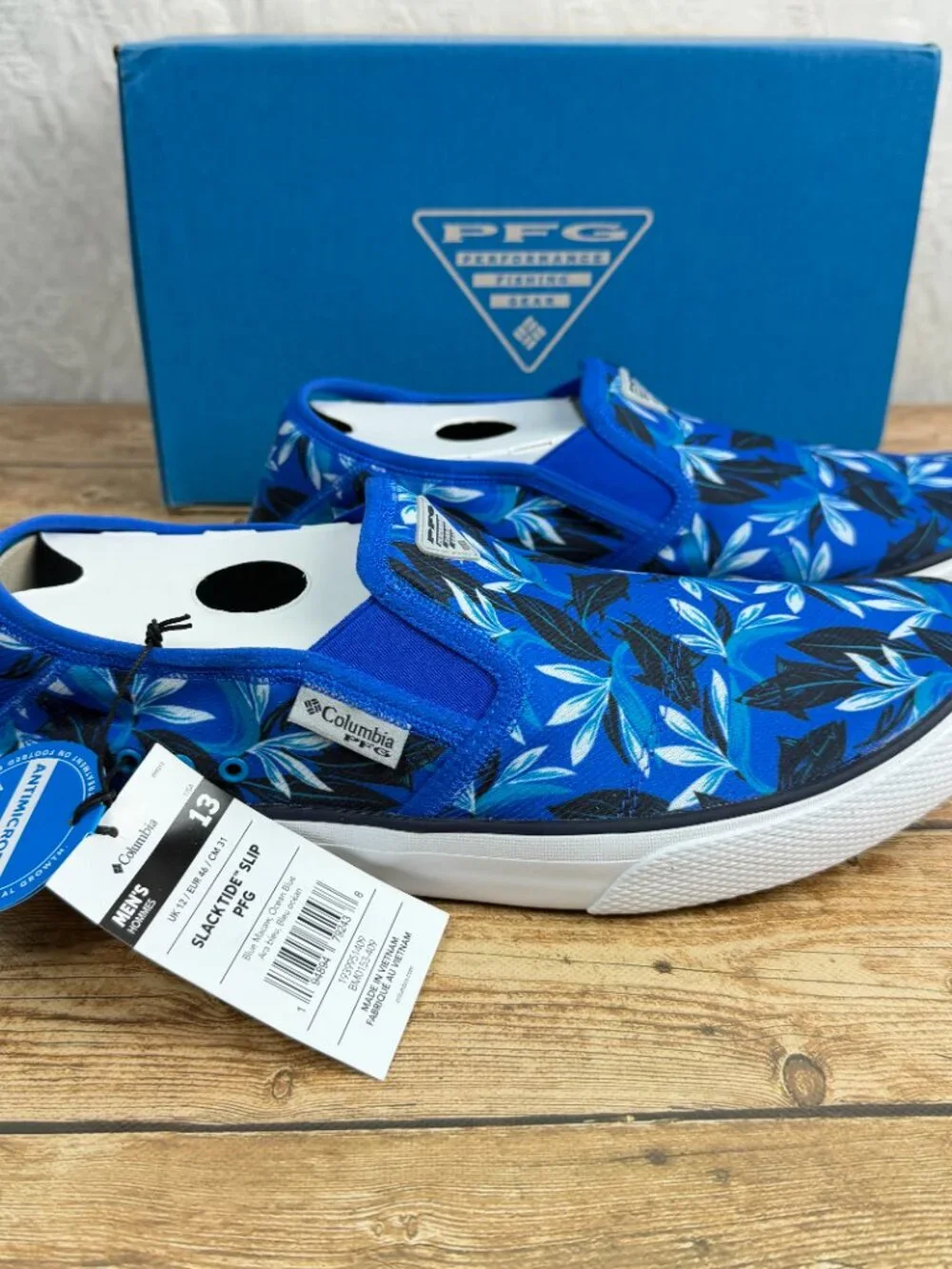 Columbia PFG Men's 13 Blue Floral Slacktide Slip-On Shoes NWT Fishing Casual